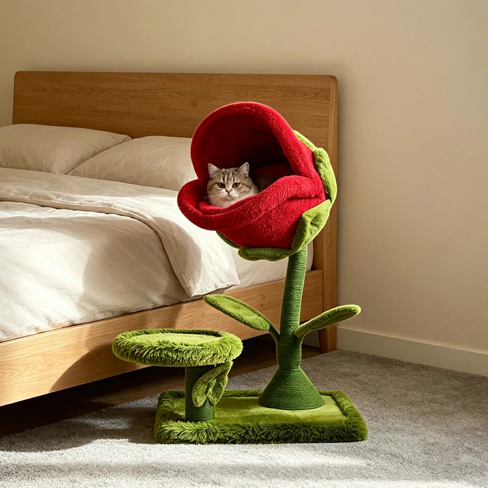 PAWORA Piranha Flower Cat Tree - 106cm Plant-Style Cat Condo with Sisal Scratching Post - Red & Green