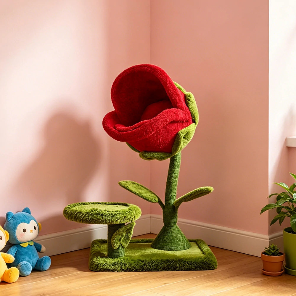 PAWORA Piranha Flower Cat Tree - 106cm Plant-Style Cat Condo with Sisal Scratching Post - Red & Green