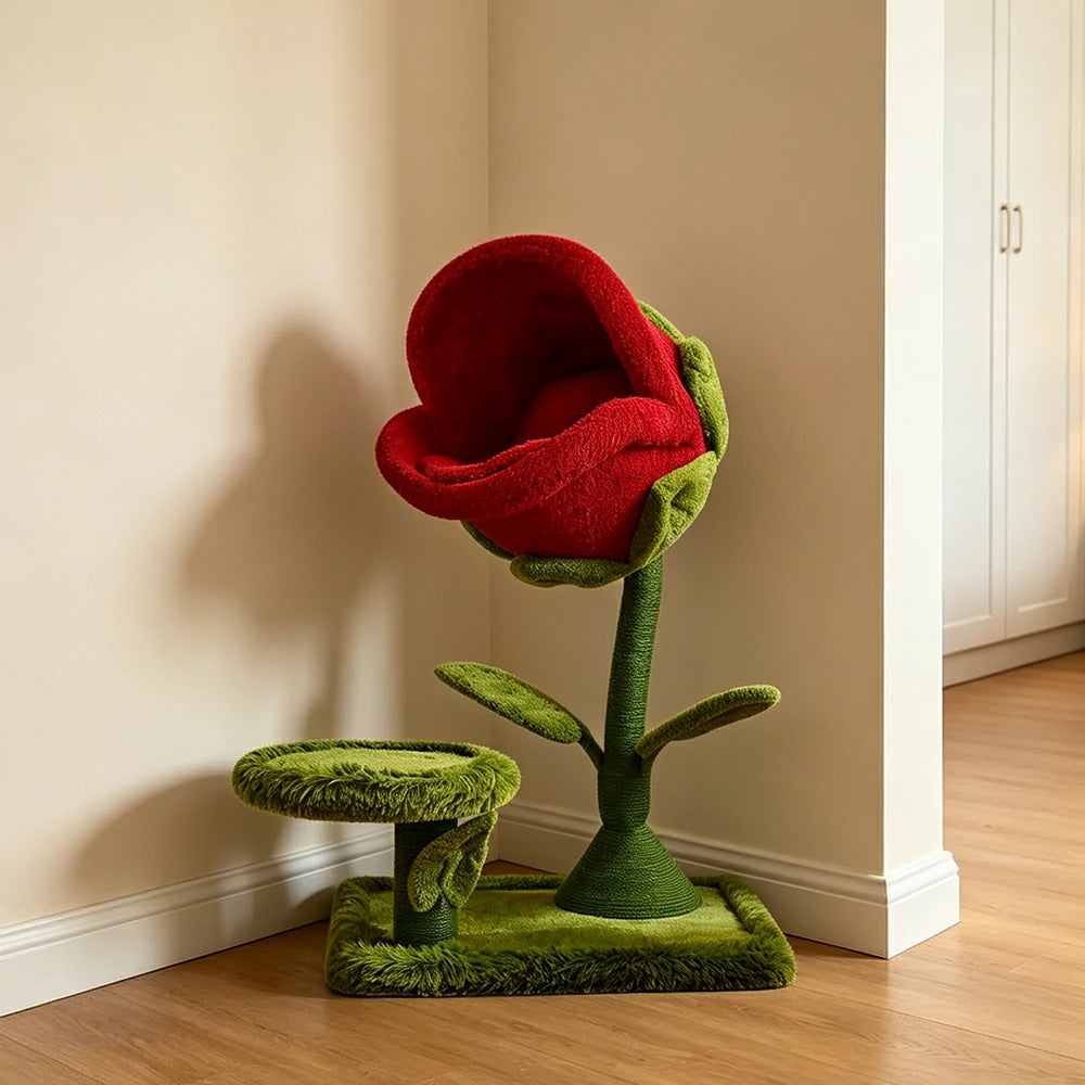 PAWORA Piranha Flower Cat Tree - 106cm Plant-Style Cat Condo with Sisal Scratching Post - Red & Green