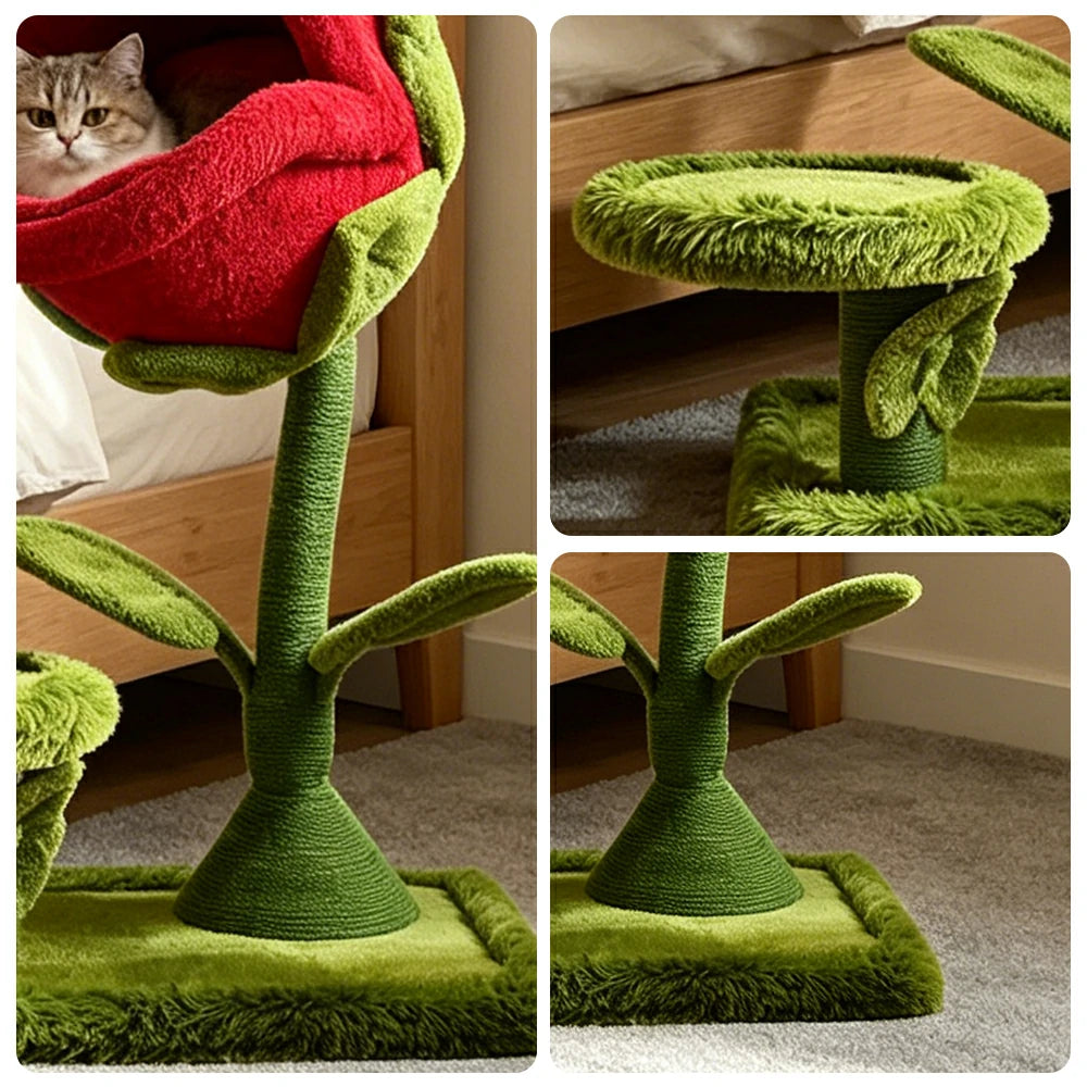 PAWORA Piranha Flower Cat Tree - 106cm Plant-Style Cat Condo with Sisal Scratching Post - Red & Green