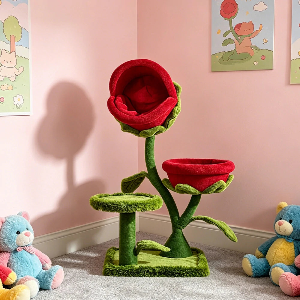 PAWORA Twin Piranha Flower Cat Tree - 129cm Plant-Style Cat Condo with Dual Beds and Sisal Posts - Red & Green