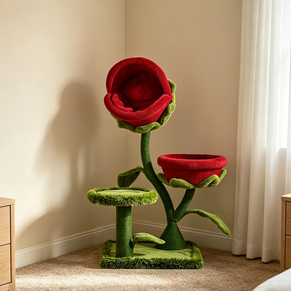 PAWORA Twin Piranha Flower Cat Tree - 129cm Plant-Style Cat Condo with Dual Beds and Sisal Posts - Red & Green