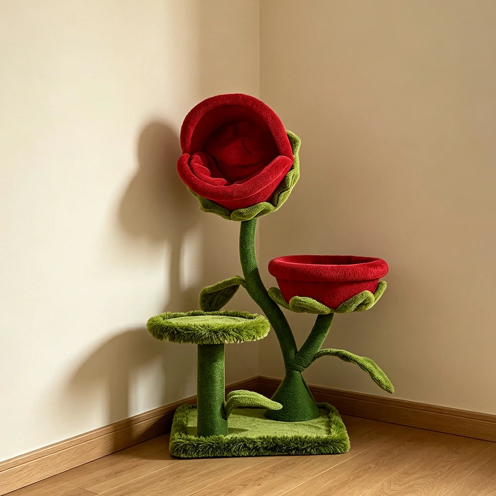 PAWORA Twin Piranha Flower Cat Tree - 129cm Plant-Style Cat Condo with Dual Beds and Sisal Posts - Red & Green
