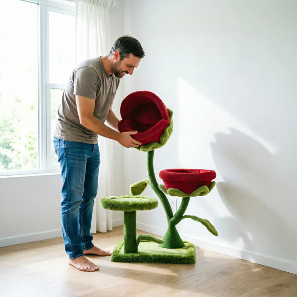 PAWORA Twin Piranha Flower Cat Tree - 129cm Plant-Style Cat Condo with Dual Beds and Sisal Posts - Red & Green