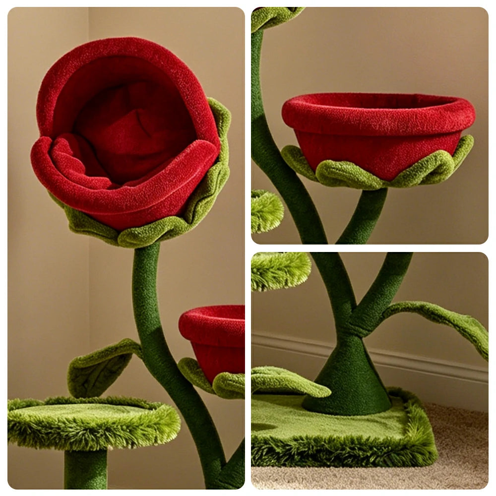 PAWORA Twin Piranha Flower Cat Tree - 129cm Plant-Style Cat Condo with Dual Beds and Sisal Posts - Red & Green