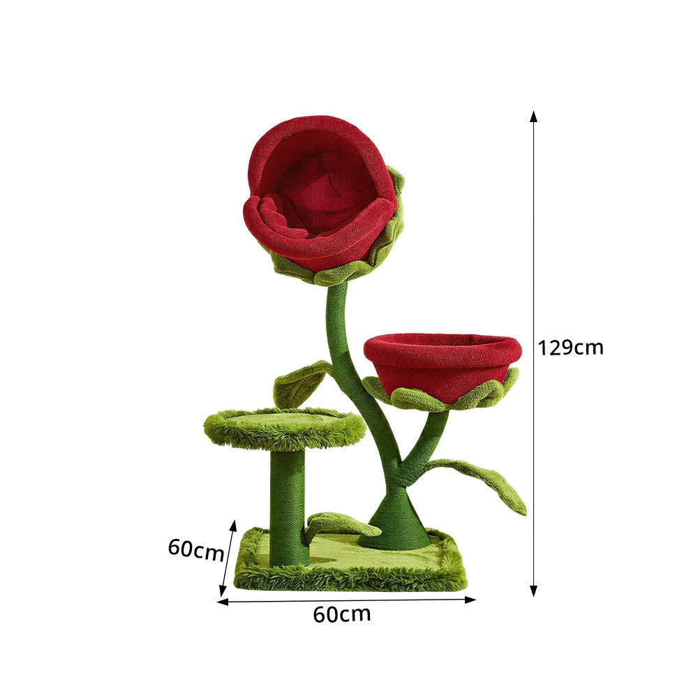 PAWORA Twin Piranha Flower Cat Tree - 129cm Plant-Style Cat Condo with Dual Beds and Sisal Posts - Red & Green