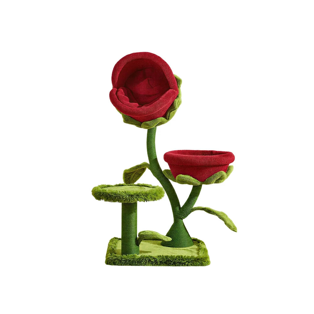 PAWORA Twin Piranha Flower Cat Tree - 129cm Plant-Style Cat Condo with Dual Beds and Sisal Posts - Red & Green