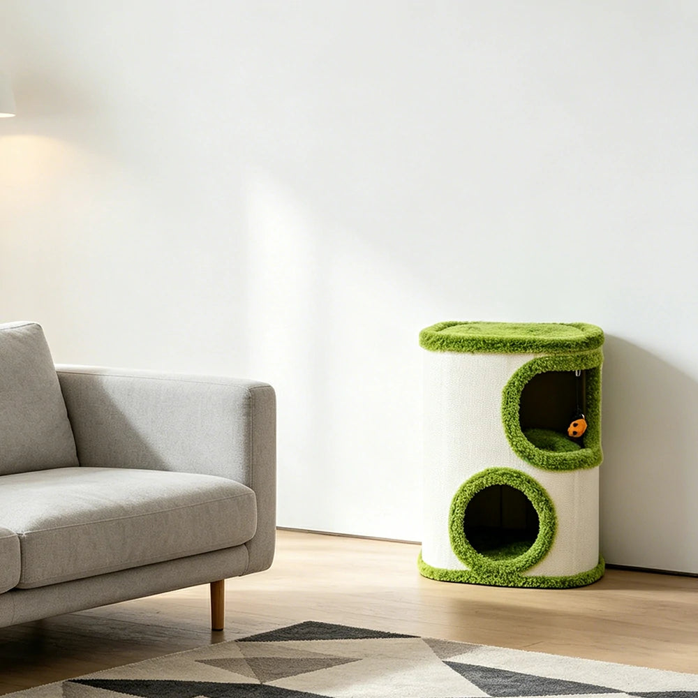 PAWORA Tree Barrel Cat Condo - 52cm Compact Sisal Cat House with Dual Resting Caves - Green & White