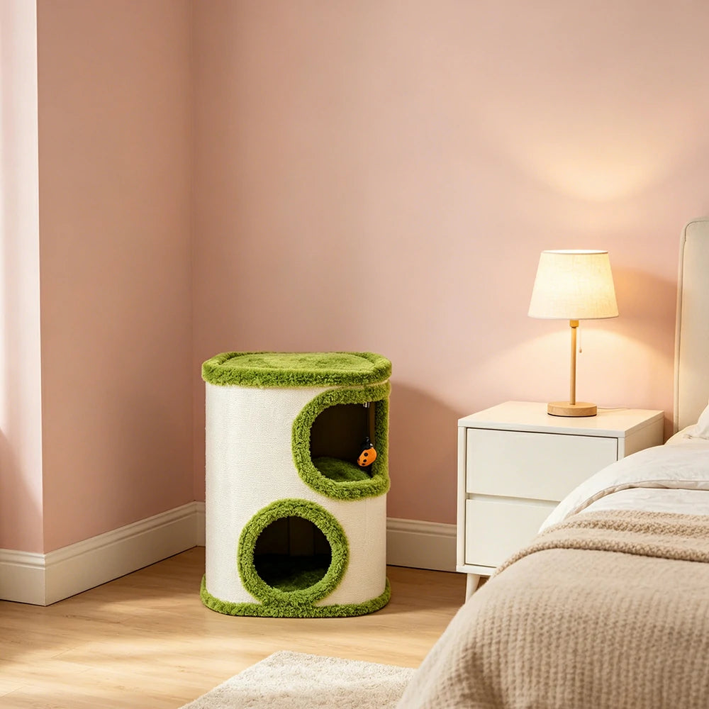PAWORA Tree Barrel Cat Condo - 52cm Compact Sisal Cat House with Dual Resting Caves - Green & White