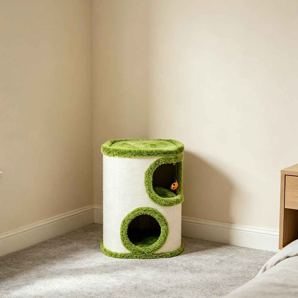 PAWORA Tree Barrel Cat Condo - 52cm Compact Sisal Cat House with Dual Resting Caves - Green & White