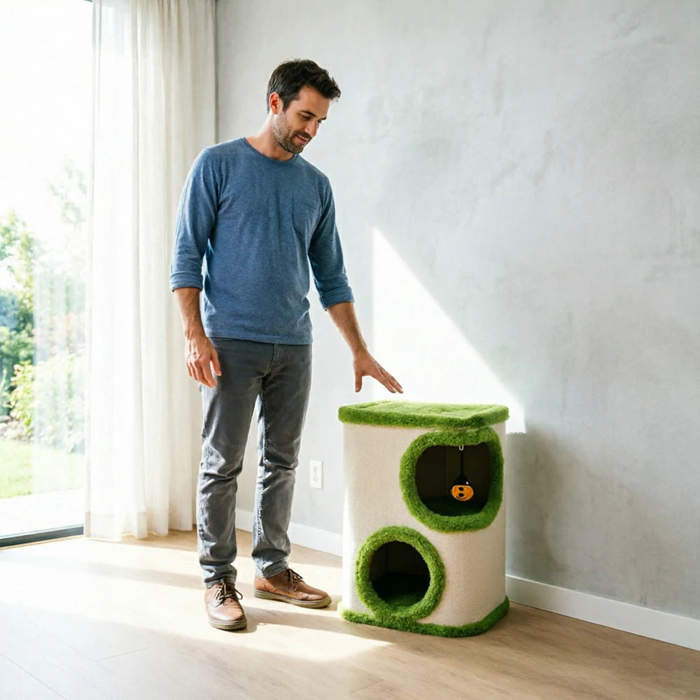 PAWORA Tree Barrel Cat Condo - 52cm Compact Sisal Cat House with Dual Resting Caves - Green & White