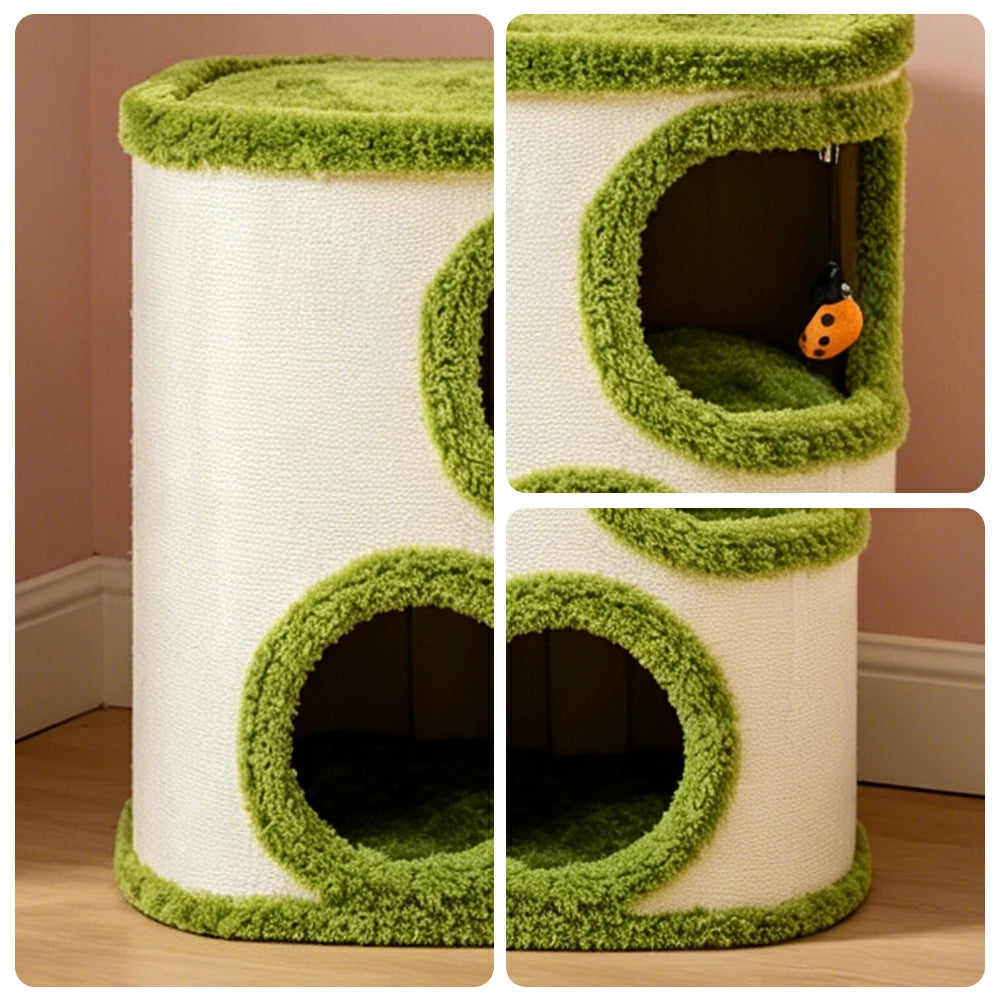 PAWORA Tree Barrel Cat Condo - 52cm Compact Sisal Cat House with Dual Resting Caves - Green & White