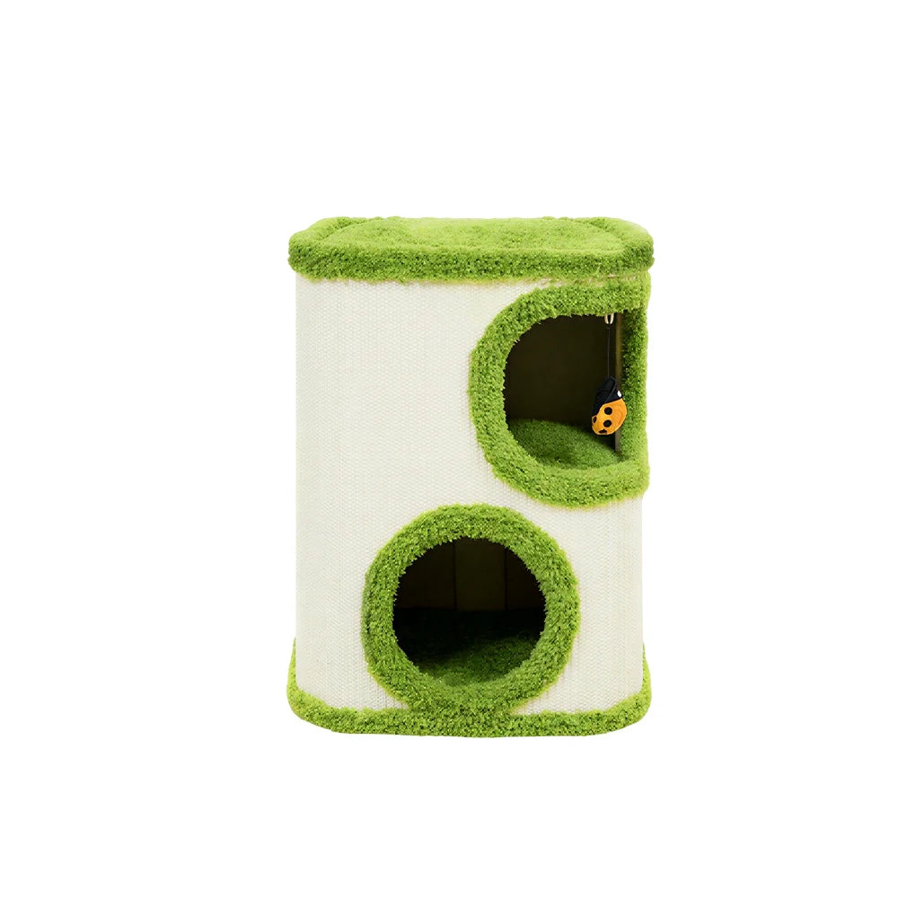 PAWORA Tree Barrel Cat Condo - 52cm Compact Sisal Cat House with Dual Resting Caves - Green & White