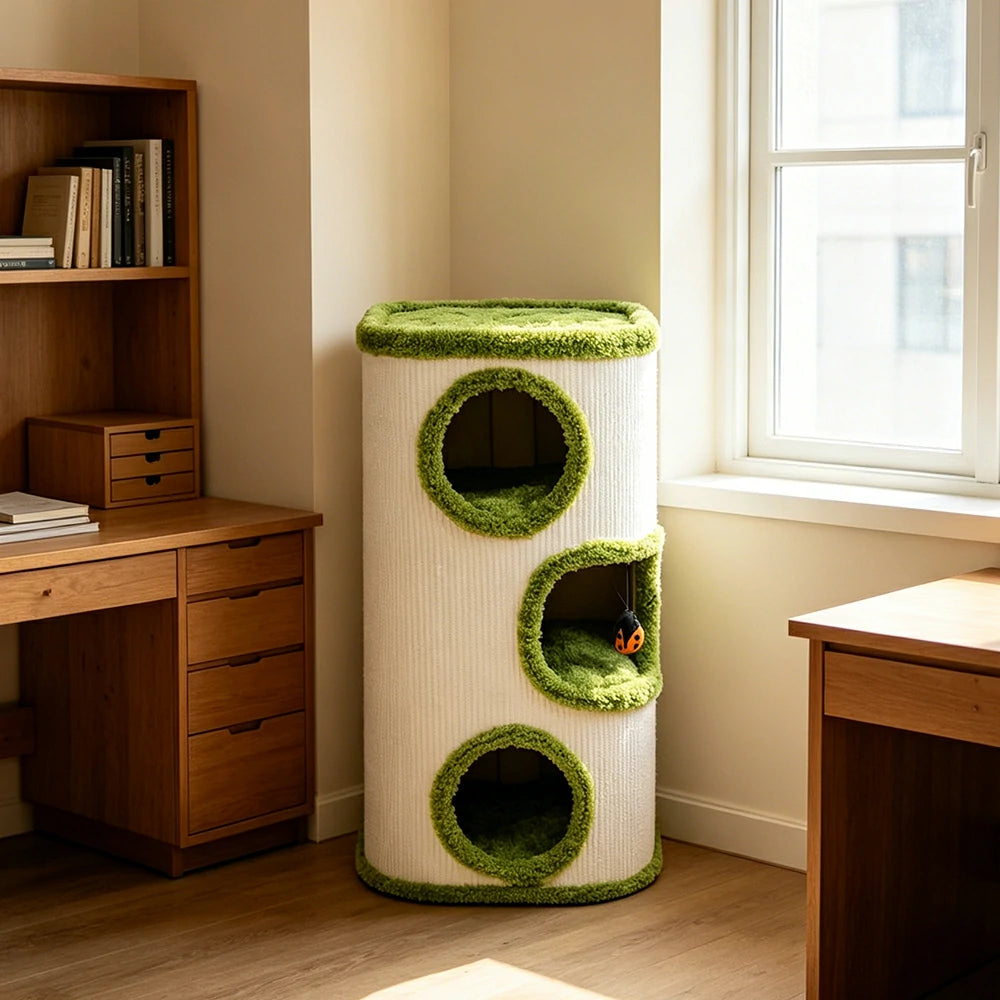 PAWORA Tall Tree Barrel Cat Condo - 76cm Compact Sisal Cat House with Triple Resting Caves - Green & White