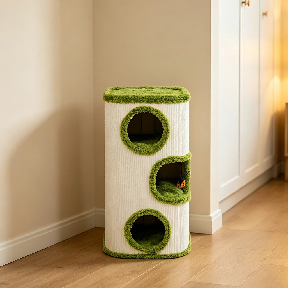 PAWORA Tall Tree Barrel Cat Condo - 76cm Compact Sisal Cat House with Triple Resting Caves - Green & White