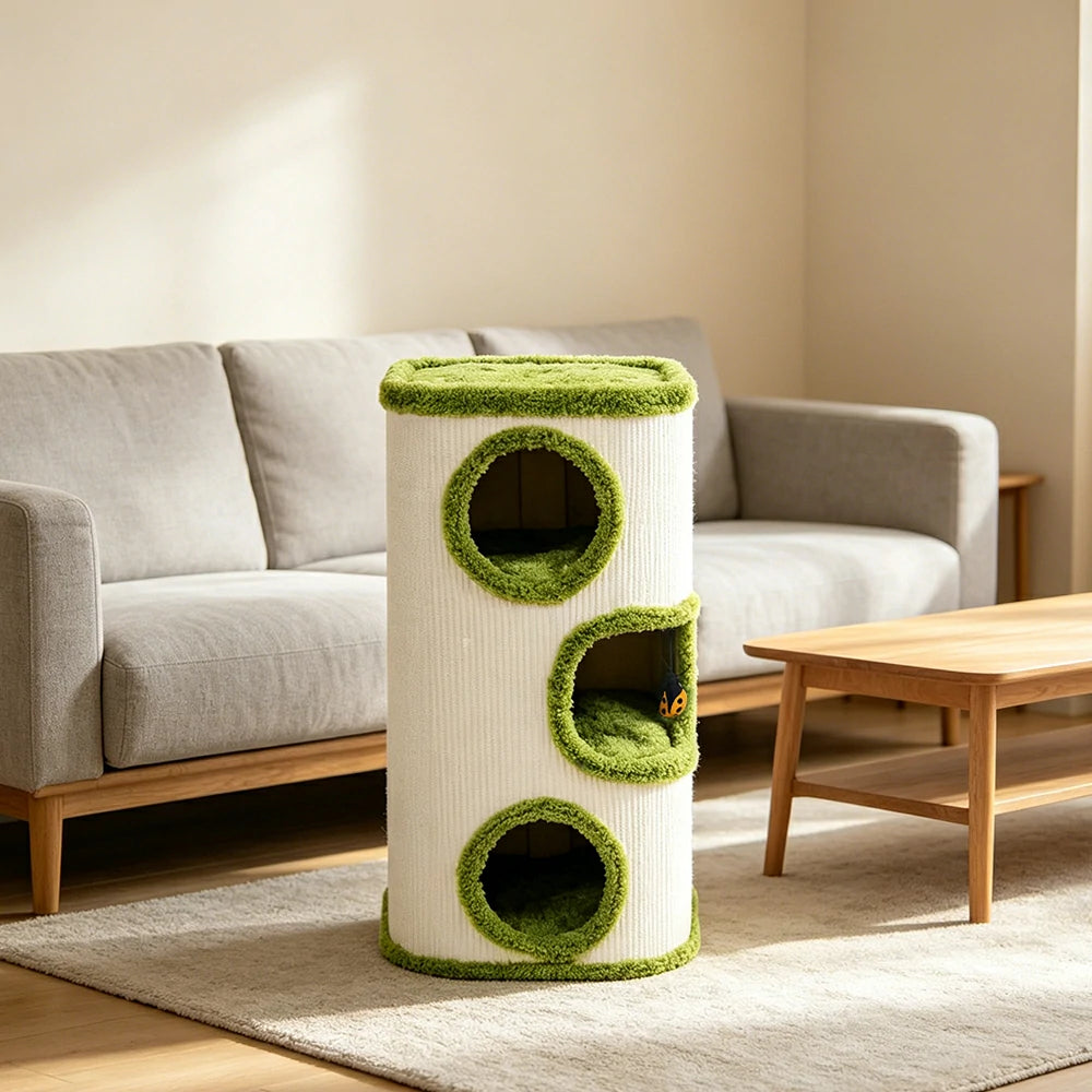 PAWORA Tall Tree Barrel Cat Condo - 76cm Compact Sisal Cat House with Triple Resting Caves - Green & White