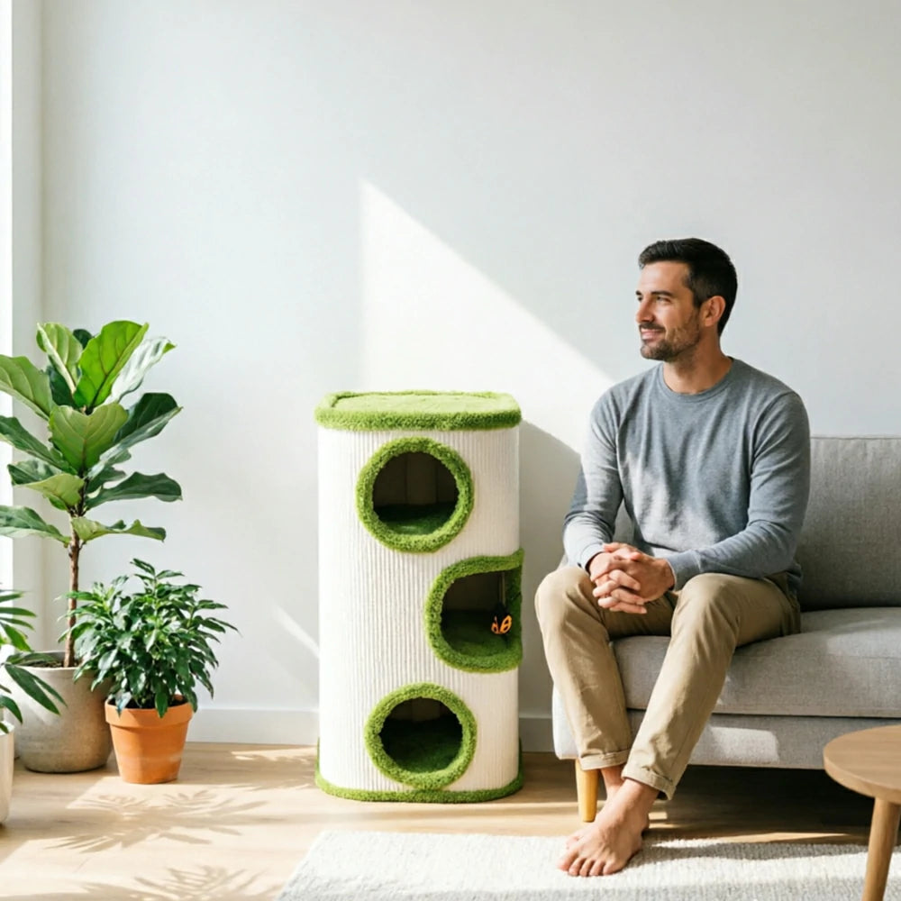 PAWORA Tall Tree Barrel Cat Condo - 76cm Compact Sisal Cat House with Triple Resting Caves - Green & White