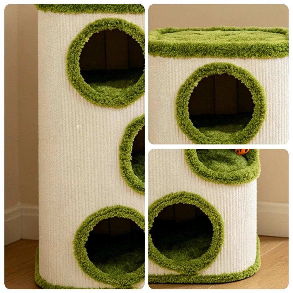 PAWORA Tall Tree Barrel Cat Condo - 76cm Compact Sisal Cat House with Triple Resting Caves - Green & White