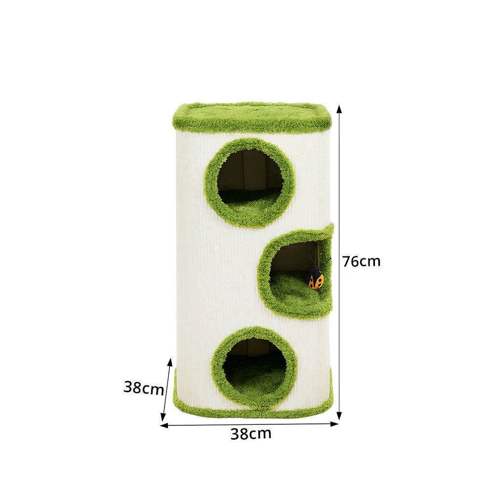PAWORA Tall Tree Barrel Cat Condo - 76cm Compact Sisal Cat House with Triple Resting Caves - Green & White