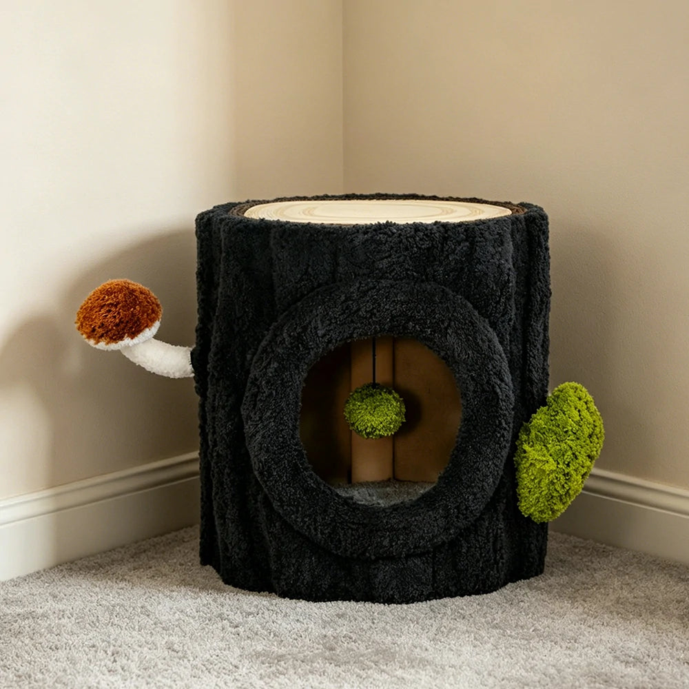 PAWORA Tree Stump Cat Condo - 41cm Compact Side Table Cat House with Sisal Scratching Top - Black & Green