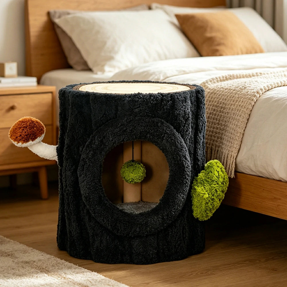 PAWORA Tree Stump Cat Condo - 41cm Compact Side Table Cat House with Sisal Scratching Top - Black & Green