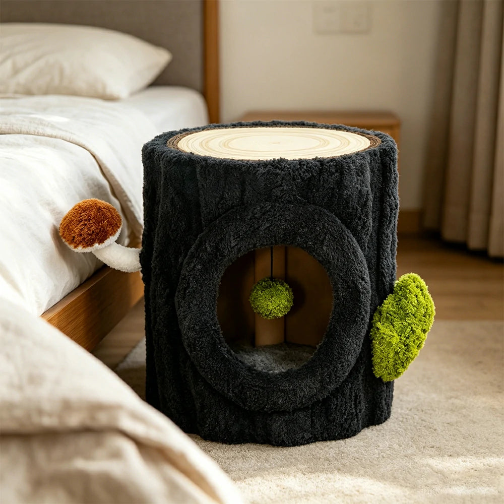 PAWORA Tree Stump Cat Condo - 41cm Compact Side Table Cat House with Sisal Scratching Top - Black & Green