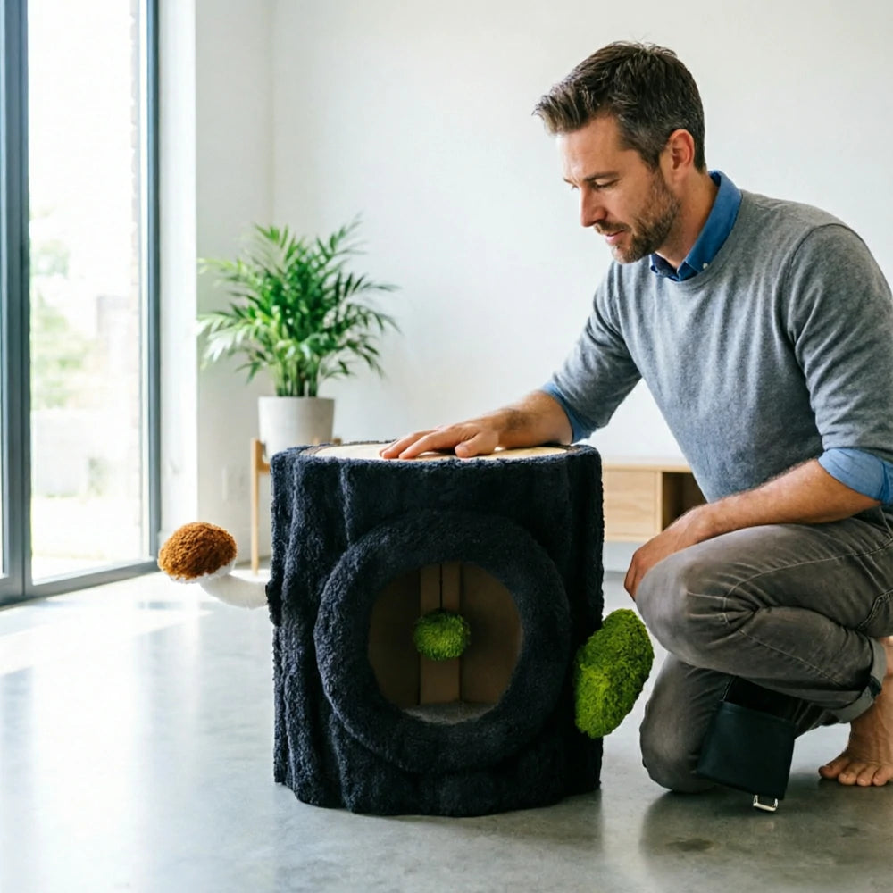 PAWORA Tree Stump Cat Condo - 41cm Compact Side Table Cat House with Sisal Scratching Top - Black & Green