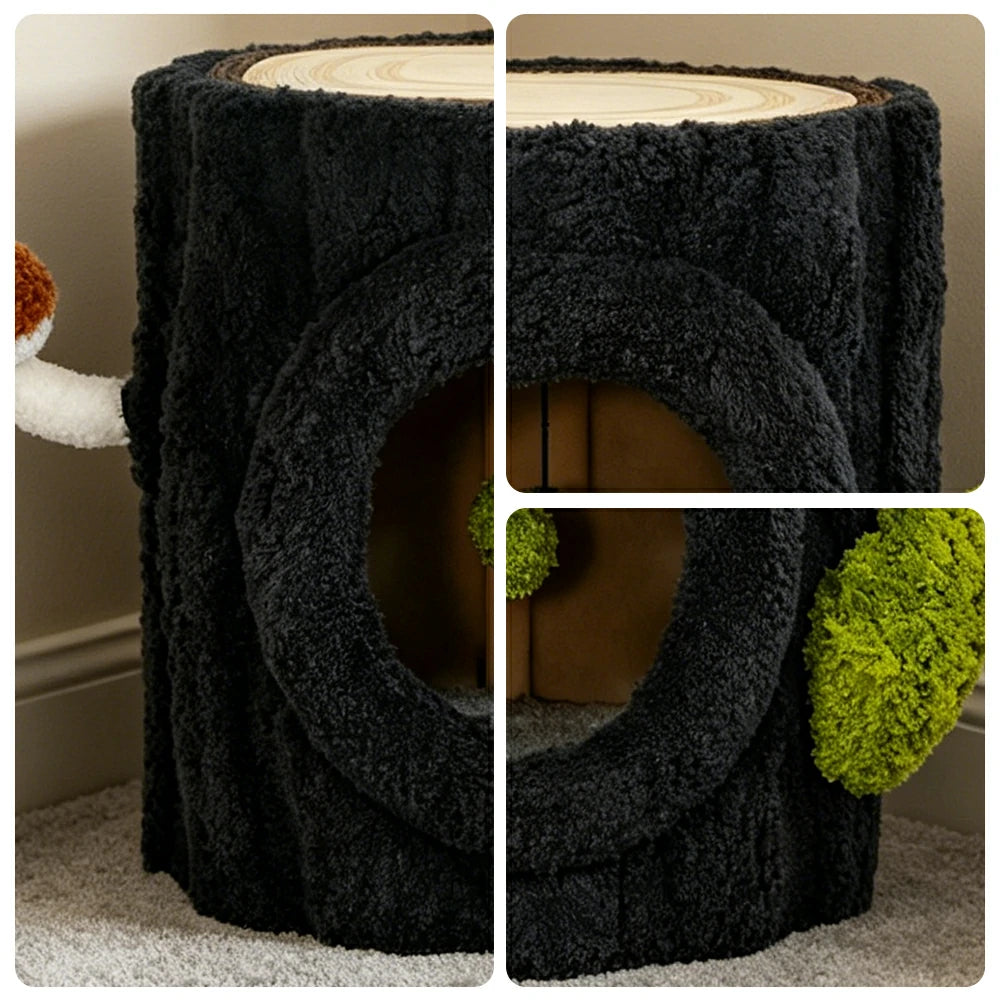PAWORA Tree Stump Cat Condo - 41cm Compact Side Table Cat House with Sisal Scratching Top - Black & Green