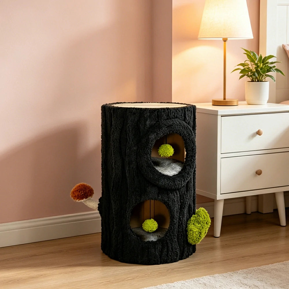PAWORA Tall Tree Stump Cat Condo - 70cm Side Table Cat House with Dual Caves and Scratching Top - Black & Green