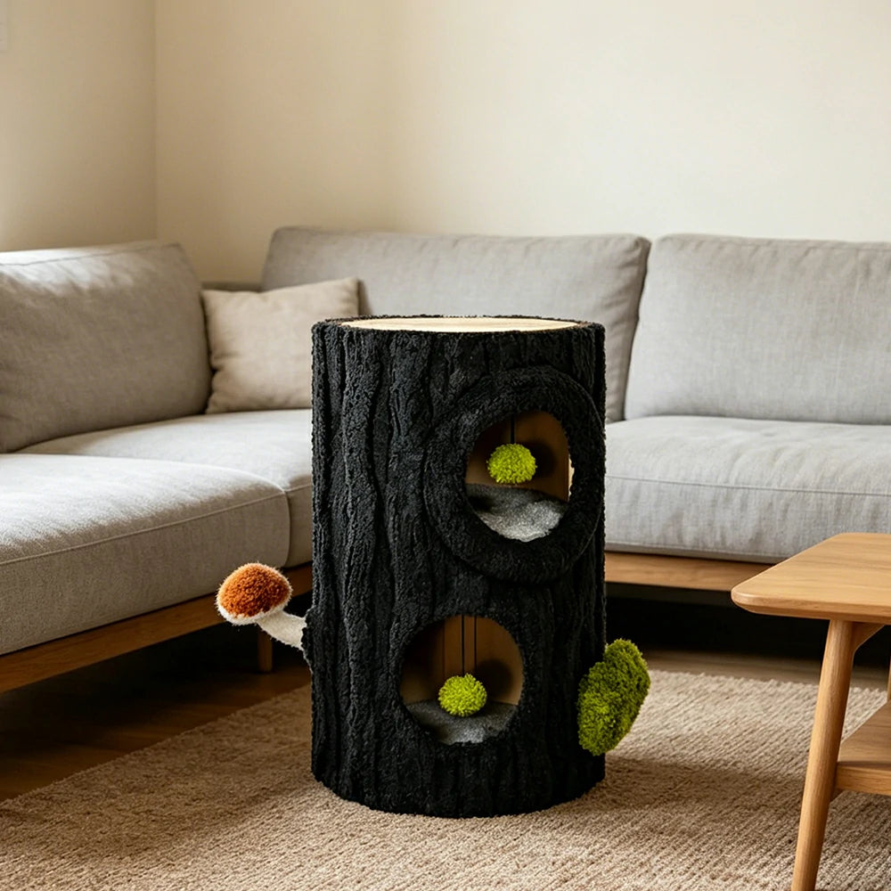 PAWORA Tall Tree Stump Cat Condo - 70cm Side Table Cat House with Dual Caves and Scratching Top - Black & Green