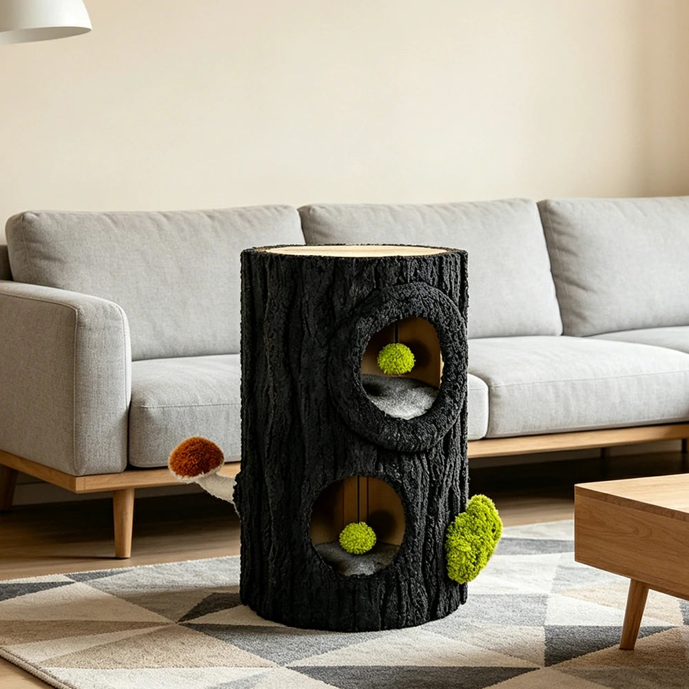 PAWORA Tall Tree Stump Cat Condo - 70cm Side Table Cat House with Dual Caves and Scratching Top - Black & Green