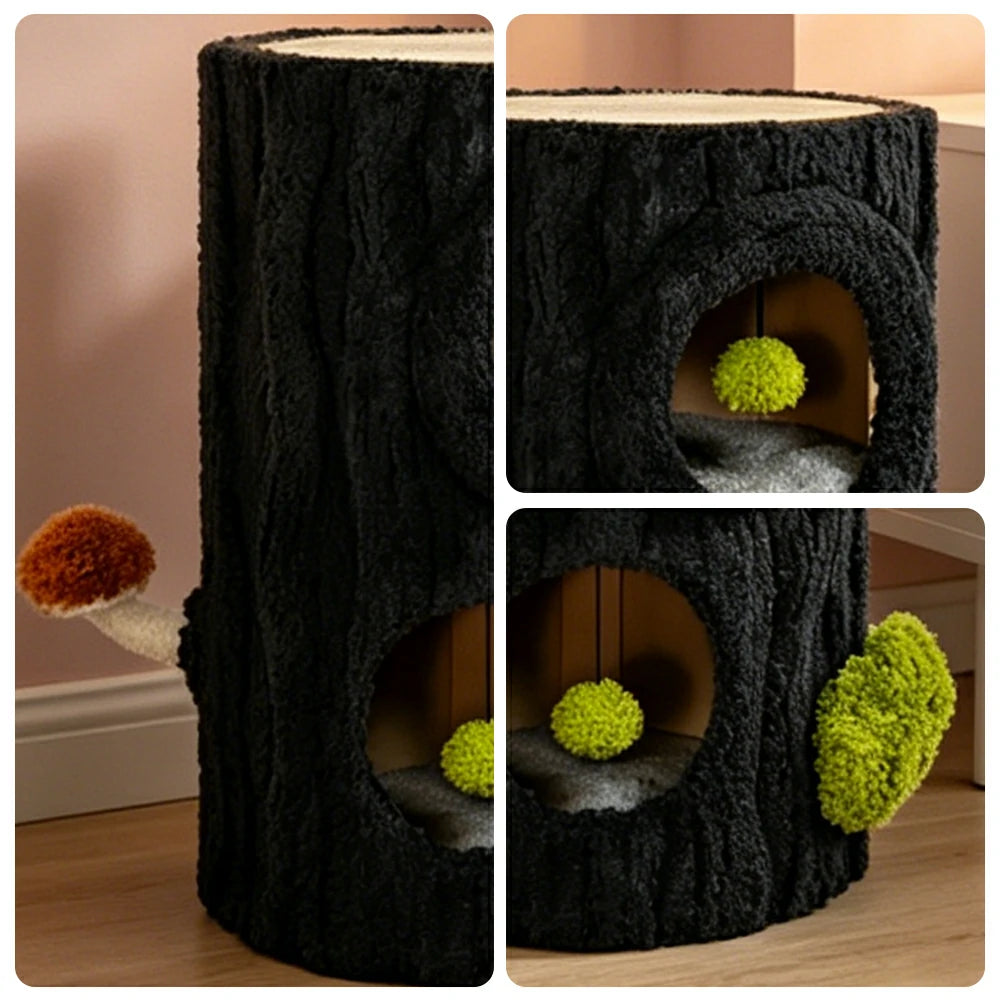 PAWORA Tall Tree Stump Cat Condo - 70cm Side Table Cat House with Dual Caves and Scratching Top - Black & Green