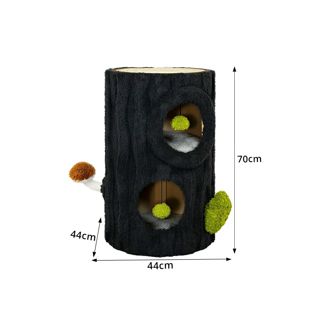 PAWORA Tall Tree Stump Cat Condo - 70cm Side Table Cat House with Dual Caves and Scratching Top - Black & Green