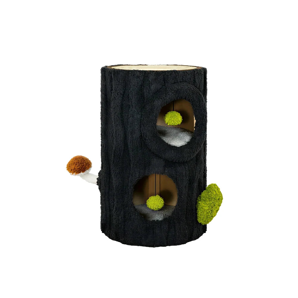 PAWORA Tall Tree Stump Cat Condo - 70cm Side Table Cat House with Dual Caves and Scratching Top - Black & Green