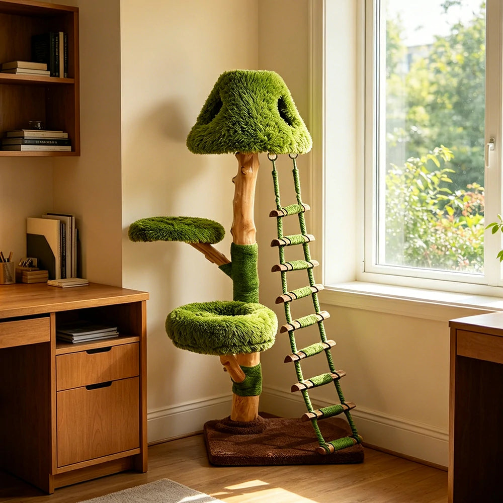 PAWORA Ladder Treehouse Cat Tree - 151cm Vertical Cat Condo with Natural Wood Posts and Climbing Ladder - Green & Brown
