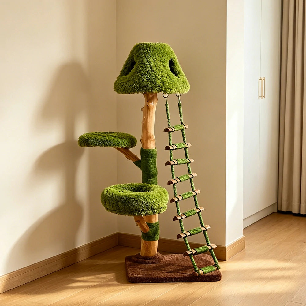 PAWORA Ladder Treehouse Cat Tree - 151cm Vertical Cat Condo with Natural Wood Posts and Climbing Ladder - Green & Brown