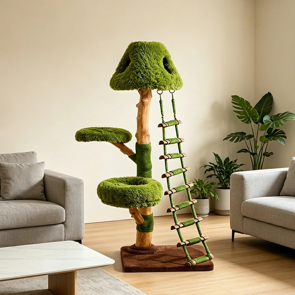 PAWORA Ladder Treehouse Cat Tree - 151cm Vertical Cat Condo with Natural Wood Posts and Climbing Ladder - Green & Brown