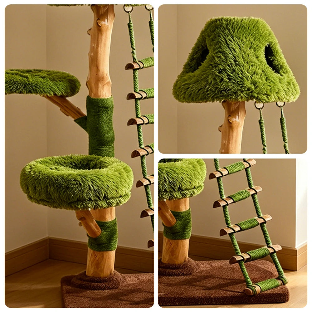 PAWORA Ladder Treehouse Cat Tree - 151cm Vertical Cat Condo with Natural Wood Posts and Climbing Ladder - Green & Brown