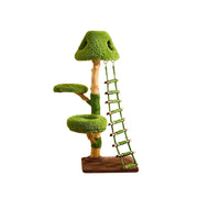 PAWORA Ladder Treehouse Cat Tree - 151cm Vertical Cat Condo with Natural Wood Posts and Climbing Ladder - Green & Brown