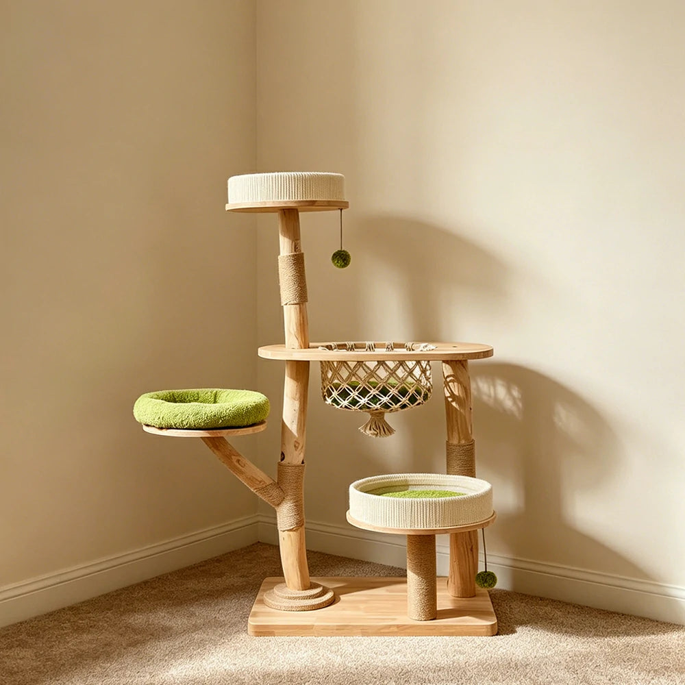 PAWORA Oak Wood Cat Tree - 139cm Solid Wood Cat Condo with Hammock and Multi-Level Platforms - Natural & Green