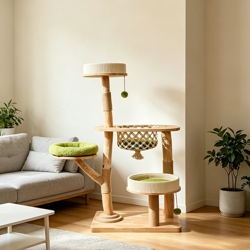 PAWORA Oak Wood Cat Tree - 139cm Solid Wood Cat Condo with Hammock and Multi-Level Platforms - Natural & Green