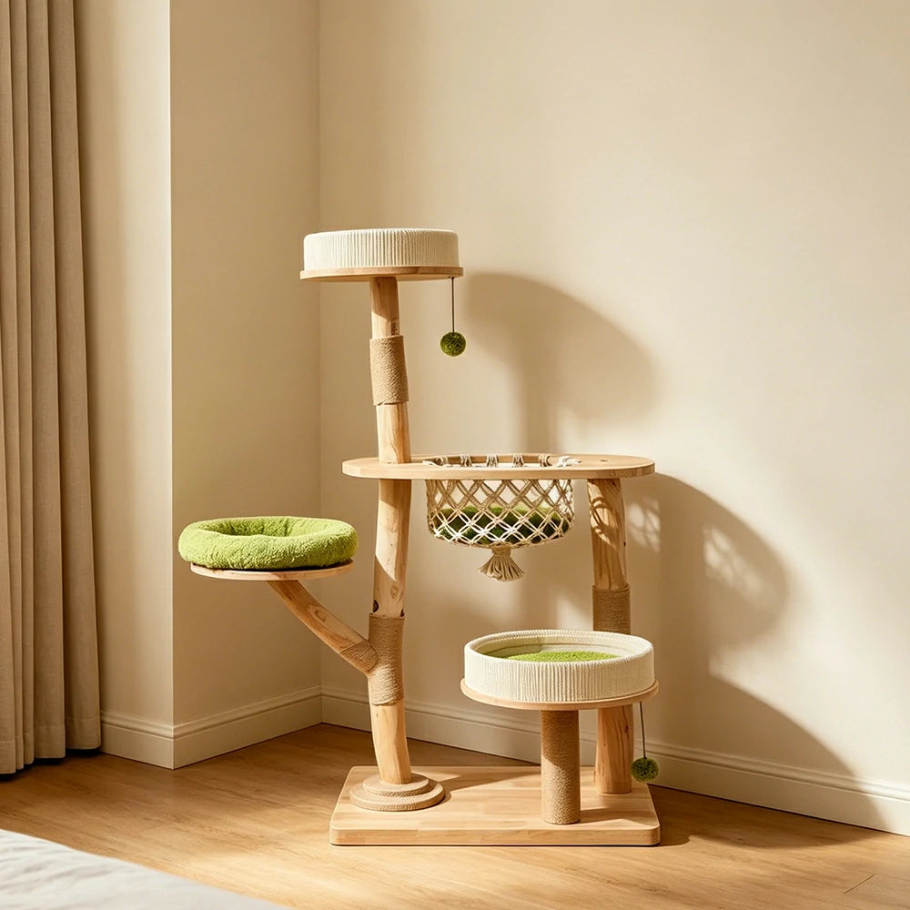 PAWORA Oak Wood Cat Tree - 139cm Solid Wood Cat Condo with Hammock and Multi-Level Platforms - Natural & Green