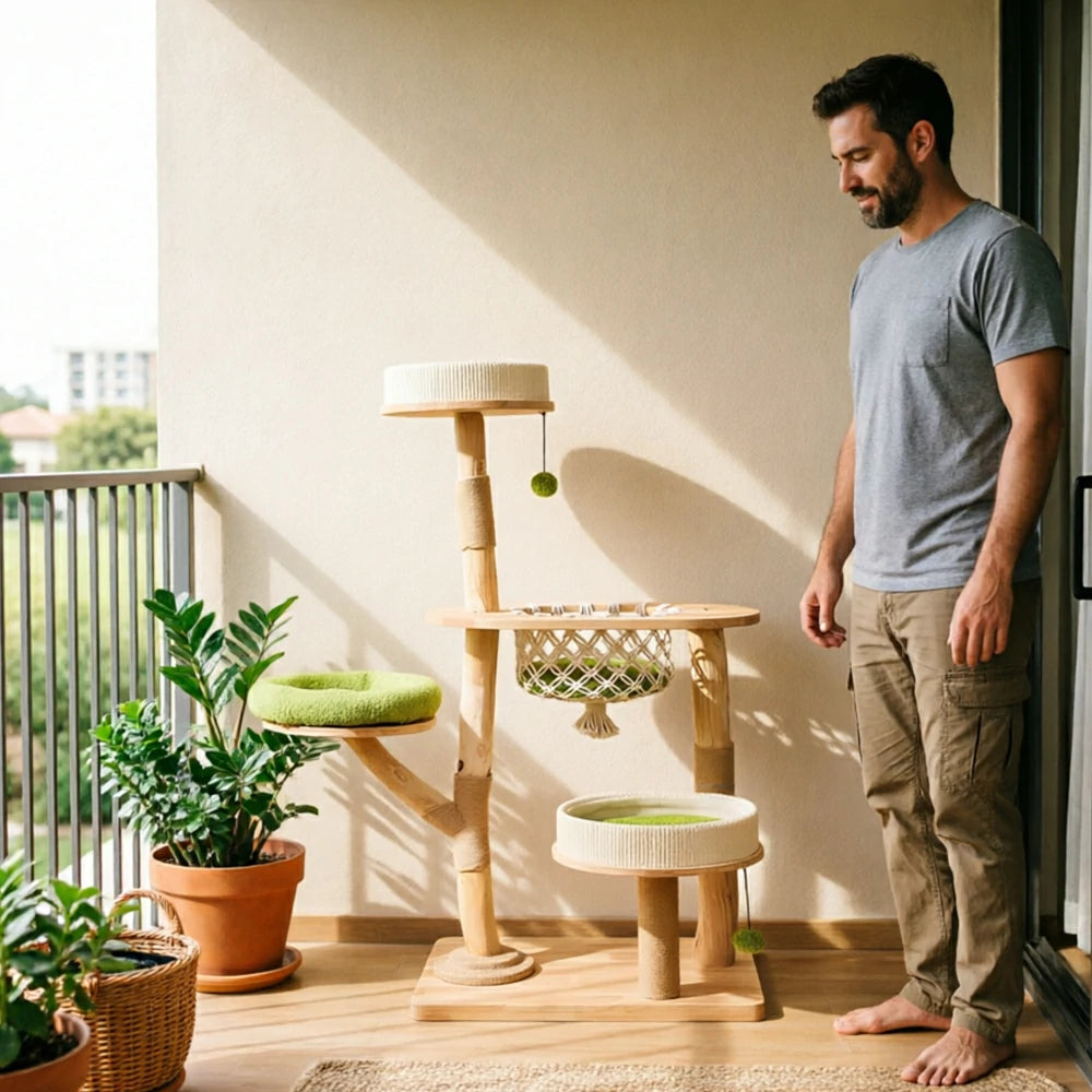 PAWORA Oak Wood Cat Tree - 139cm Solid Wood Cat Condo with Hammock and Multi-Level Platforms - Natural & Green