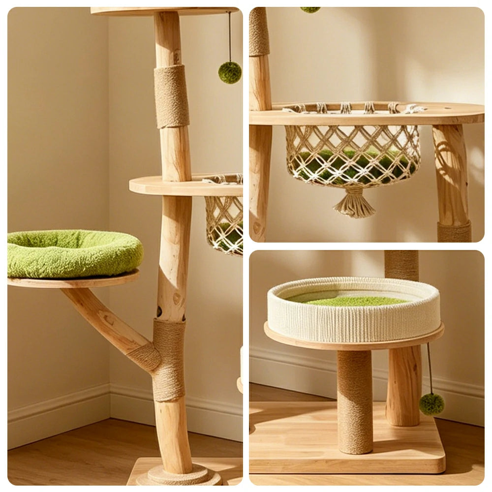 PAWORA Oak Wood Cat Tree - 139cm Solid Wood Cat Condo with Hammock and Multi-Level Platforms - Natural & Green