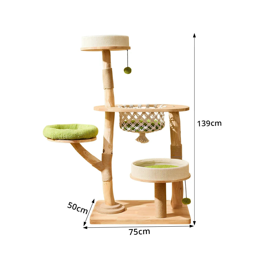 PAWORA Oak Wood Cat Tree - 139cm Solid Wood Cat Condo with Hammock and Multi-Level Platforms - Natural & Green