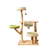 PAWORA Oak Wood Cat Tree - 139cm Solid Wood Cat Condo with Hammock and Multi-Level Platforms - Natural & Green