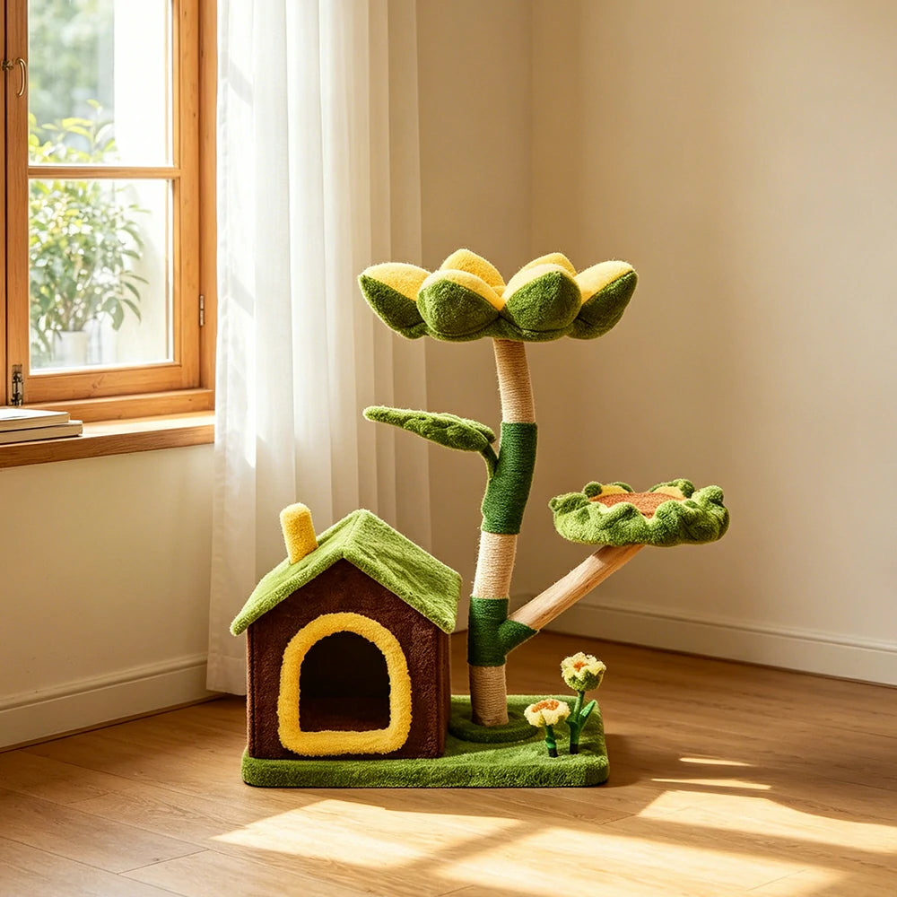 PAWORA Sunflower Cottage Cat Tree - 96cm Garden-Style Cat Condo with Natural Wood Posts - Green & Yellow