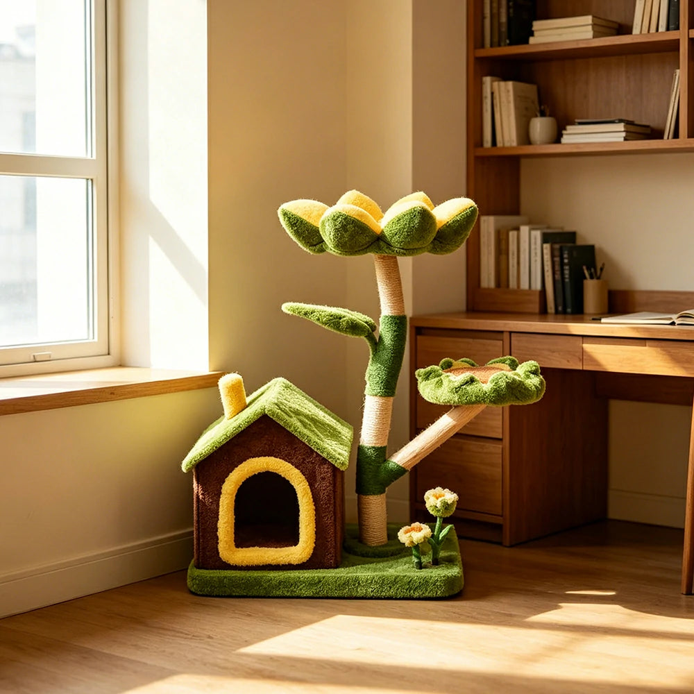 PAWORA Sunflower Cottage Cat Tree - 96cm Garden-Style Cat Condo with Natural Wood Posts - Green & Yellow