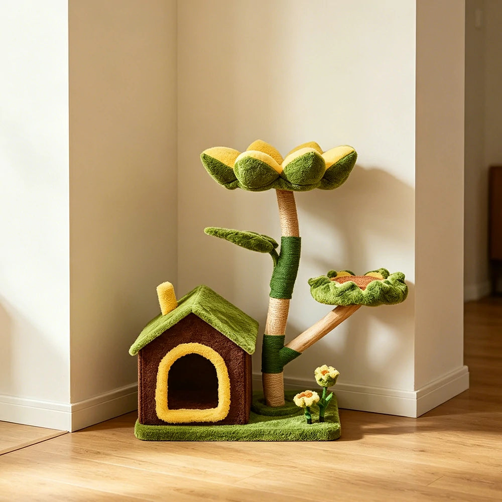PAWORA Sunflower Cottage Cat Tree - 96cm Garden-Style Cat Condo with Natural Wood Posts - Green & Yellow