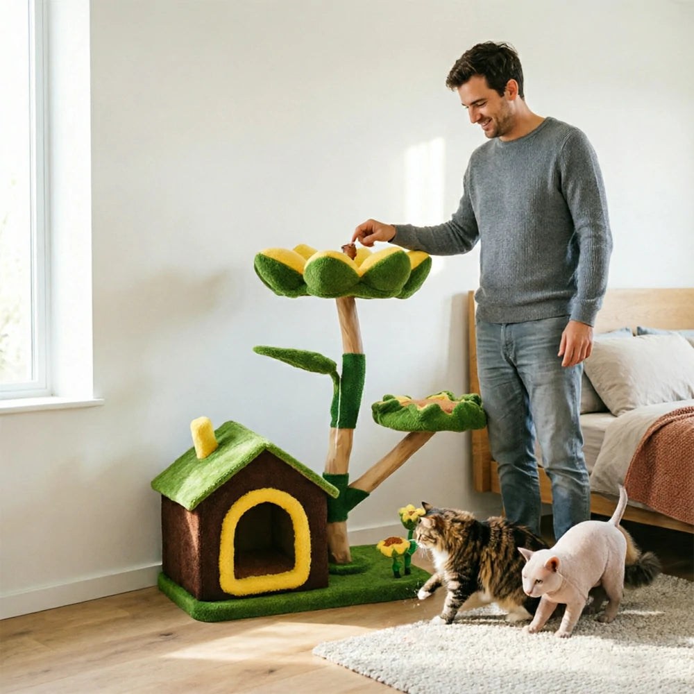PAWORA Sunflower Cottage Cat Tree - 96cm Garden-Style Cat Condo with Natural Wood Posts - Green & Yellow